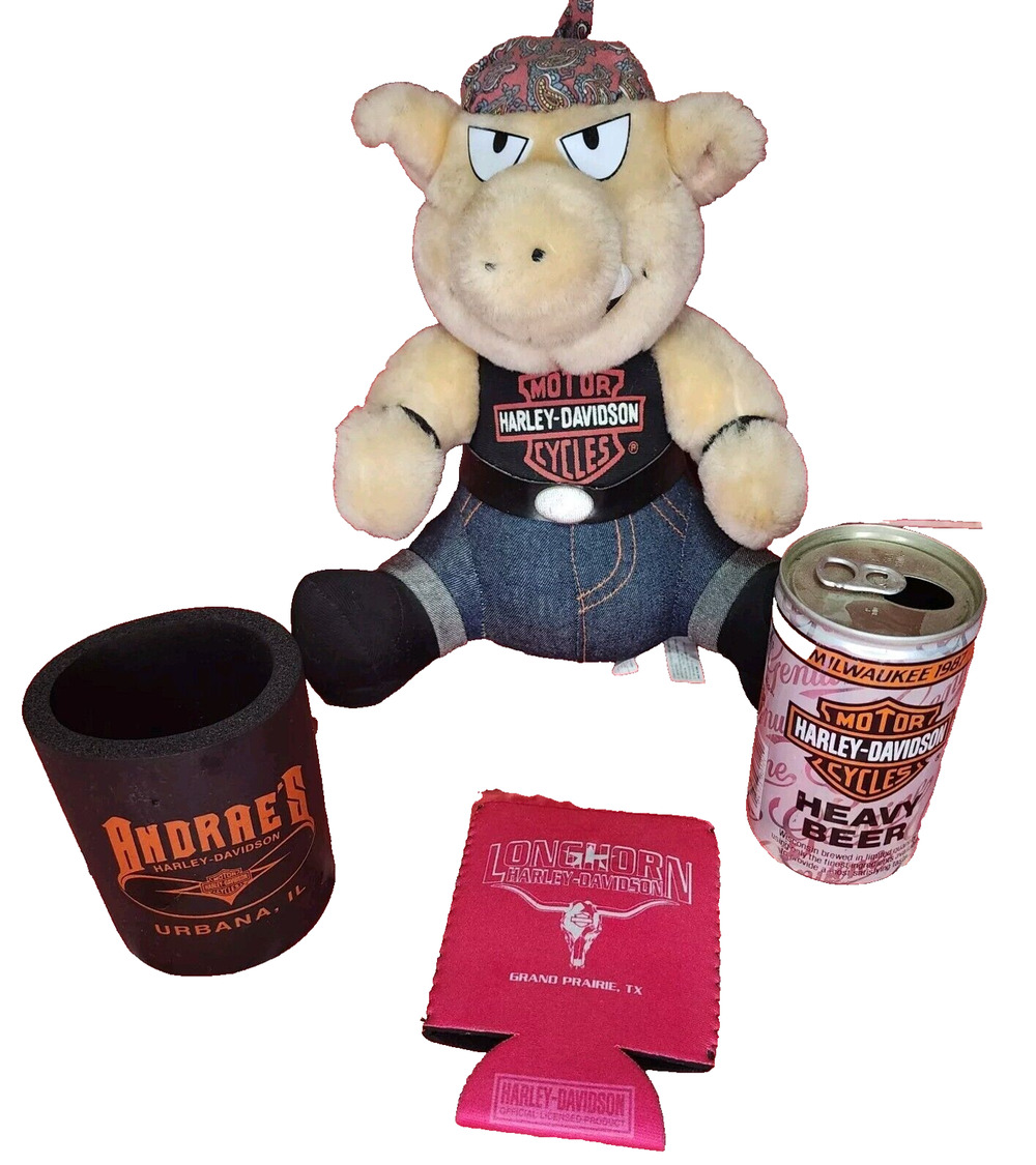 Vintage Harley Davidson Plush Pig beer can beer can Koozie Lot Of Collectibles
